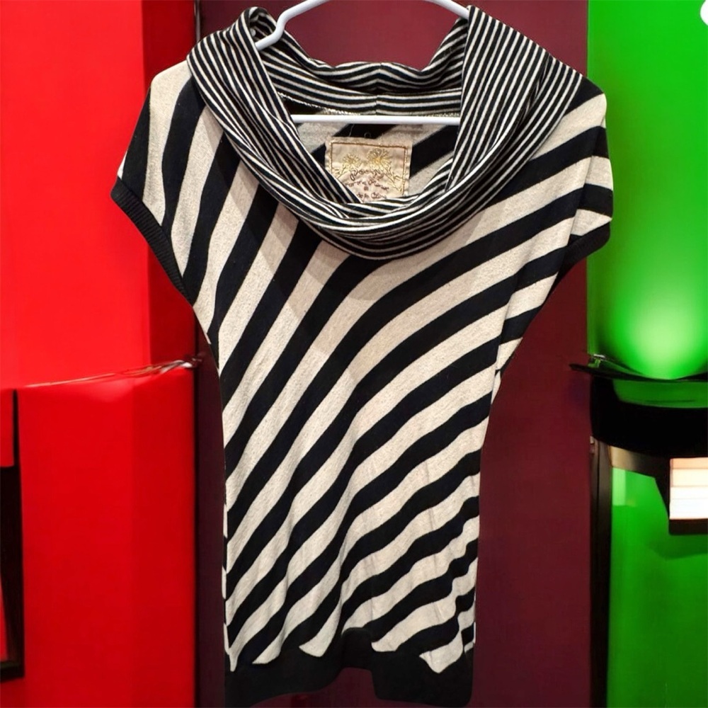 Poof! Black and White Striped Cowl Neck Sweater shirt MEDIUM